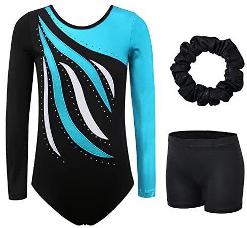 BAOHULU Turnanzug für Mädchen, Gymnastik, Stickerei, Glitzer, Tumbling, Tanz, Shorts, Schwarzblaues Set mit Ärmeln, 9-10 Jahre
