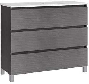 Baikal, Conjunto de baño Natura. Mueble de Baño de Fondo Reducido, con Lavabo cerámico. Distribución Tres Cajones. Mueble MONTADO. Tres Cajones sin Espejo. Fondo 39cm 100 cm Ceniza