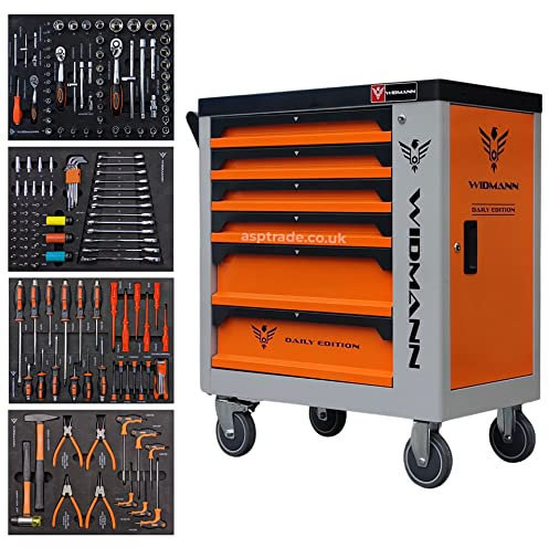 WIDMANN Tool Trolley Cabinet with 4 Inlays of Tools. Steel Workshop or Garage Rollcab Storage Chest, Carrier ToolBox, Multi Drawers (TC6-4) (Orange)