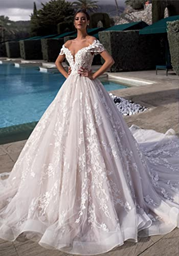 BSYPM Hochtailliertes Brautkleid V-Ausschnitt Dimensionales Blümchen Helles Hochzeitskleid Kurze Ärmel Riemchen Quaste Einfaches Haupt Brautkleid