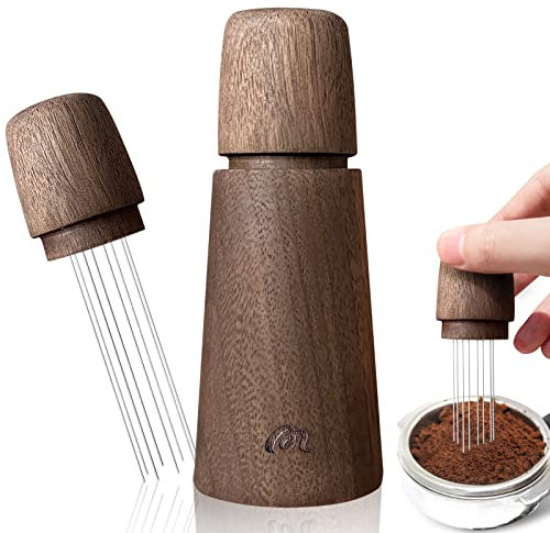 Wdt Tool, Walnut Wood Coffee Distributor with Stand, 0.4mm Thick Stainless Steel 10 Needles Wdt Tool Espresso for Barista
