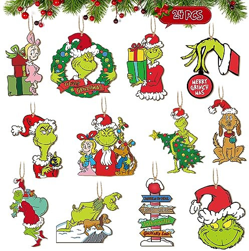 RINOLY 24 Stück Weihnachtsbaumschmuck, Weihnachts-Holzornamente für Baum, Weihnachtsbaumschmuck