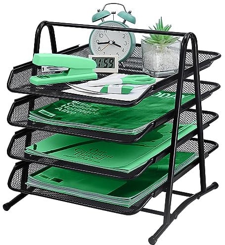4 Tier Letter Tray Organizer Metal Storage Compartments, Office Drawers, Document tray, A4 Mesh Drawer Organiser for Office Home and School, Black