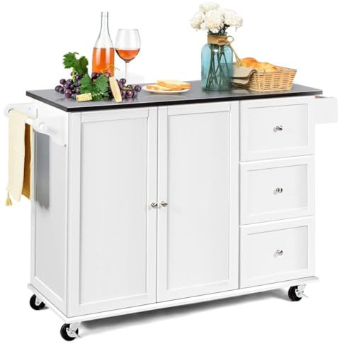 GiantexUK Kitchen Island on Wheels, Wooden Storage Cabinet Trolley with Stainless Steel Countertop, Towel Rack & Adjustable Shelves, Mobile Utility Serving Cart for Dining Living Room (White Body)