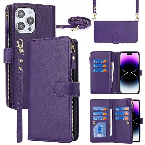 Cavor Compatible with iPhone 15 Pro Max Case With Card Holder With Strap,Flip Leather Crossbody Wallet Case,[9 Card Holders][Magnetic][Lanyard],Cover Phone Case for women - Purple