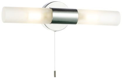 Modern Polished Chrome IP44 Rated Bathroom Wall Light Fitting with Tubular Frosted Glass Shades | 2 x 18w G9 Required | 32cm x 10cm x 8cm by Happy Homewares