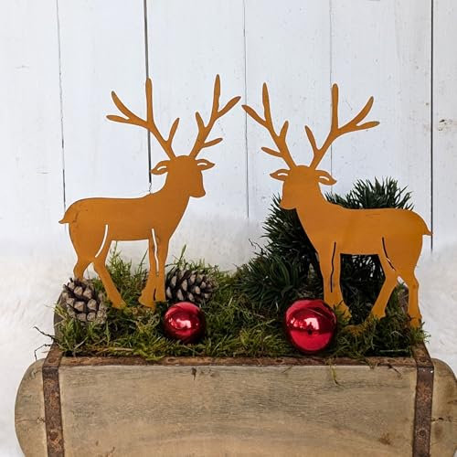 Edelrost Hirsch 2er Set - 19cm Gartenstecker Rentier Deko, Wetterfeste Metall Weihnachtsdeko für Außen und Innen, Gartendeko Balkonkästen - Pflanztöpfe