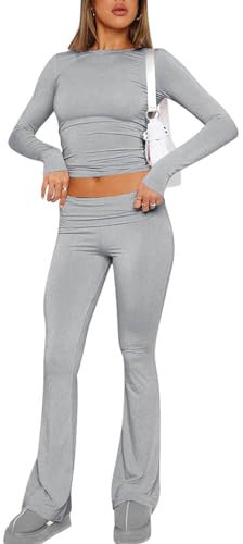 ABINGOO Damen Baumwoll Lounge Oberteil Und Schlaghose Geschnittene Yoga Trainingsanzug Zweiteiliger Outfit Schmal Loungewear Set (Grau, L)