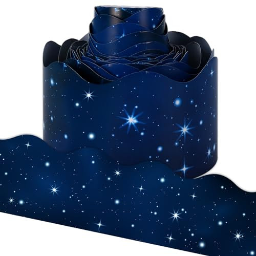 Whaline 32.8ft Galaxy Bulletin Board Borders Space Border Trim Blue Starry Night Sky Die-Cut Scalloped Border Trim for School Classroom Office Chalkboard Decoration