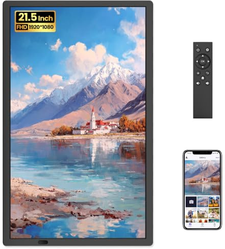 FANGOR 21,5 tum stor digital bildram, WiFi digital fotoram 1920 x 1080 FHD IPS-skärm med fjärrkontroll, 32 GB automatisk rotering smart ram väggmonterad, dela foton/videor via Uhale app/USB/SD