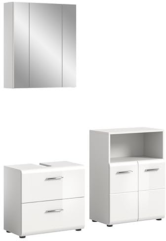 xonox.home Badezimmer Ice 3tlg. Kombination Badmöbel Set kleine Bäder Komplettprogramm Bademöbel-Set in Front weiß Hochglanz Tiefzieh Korpus weiß