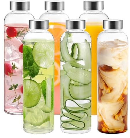 misognare Glass Water Bottle 6 Pack 18oz Clear Glass Bottles with Lid Reusable Empty Drink Containers for Milk Juice Smoothies Kombucha