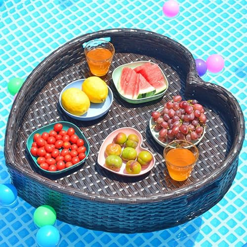 Rattan-Tablett für Pool-Strandparty,Getränke-Floats-Tablett für Pool,kreativer herzförmiger,handgefertigter Lebensmittel-Schwimmteller für Pool-Strandparty (Farbe: Schwarz)