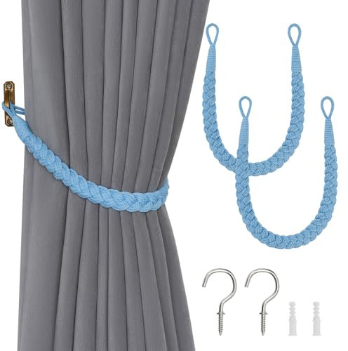 Pretty Jolly Vorhang-Raffhalter aus natürlicher Baumwolle, eleganter Boho-Stil, dekorative Raffhalter, weich, handgewebt, Seil, Vorhanghalter mit Metallhaken für Zuhause und Büro, Vorhänge (Hellblau),