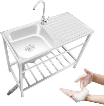 Ukkajovlex Edelstahl Waschbecken Garten Camping Edelstahl Spültisch 1 Becken Werkstatt Küche 1 Fach 75cmX40cmX75cm Freistehende Spüle Wasserhahn Edelstahl Mobiles Waschbecken Einfach Zu Montieren