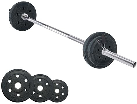 wuuhoo® Langhantelstange & Hantelscheiben im Set Marcel, 26kg-60kg, Hantelstange 30mm, Stahl verchromte Hantel, Zement Hantelscheiben 30mm, 120cm-200cm Set 12 - (60kg)