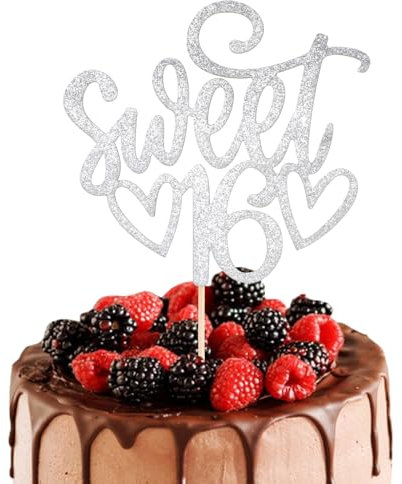 Sweet 16 Cake Topper 16 th Glitter Cake Topper Sweet Teenager Birthday Cake Pick, 16 Years Old Topper for Cake, Happy Sweet 16 Party Decoration Supplies(Silver)
