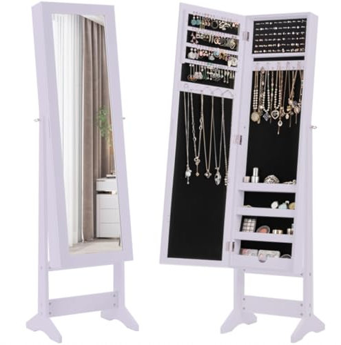 COSTWAY Schmuckschrank neigungsverstellbar, Schmuckregal mit Ganzkörperspiegel, Schmuck Spiegelschrank mit 64 Ohrringschlitzen, 20 Halskettenhaken, 72 Ringschlitzen, 4 Ablagen für Make-up (Lila)