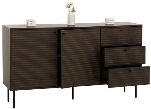 Mendler Kommode HWC-N78 85x150x40cm Metall - Dunkelbraun | Sideboard, 3 Schubladen, 2 Türen, skandinavischer Stil, Holz, Melamin