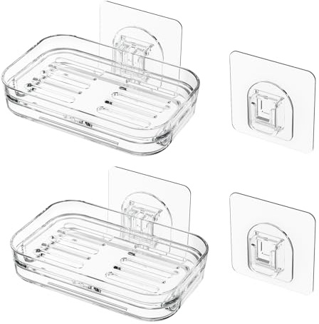 Bar Soap Dish 2 Pack,Self Draining Soap Holder for Shower,Wall Mounted Soap Saver with Strong Adhesive, No Drilling Clear Plastic Holder for Bathroom Storage & Kitchen Sink Organizer,Keeps Soap Dry