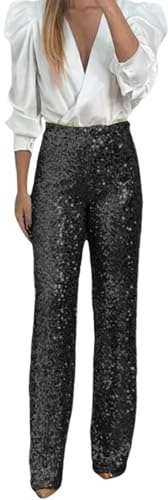 QinMMSPORTS Glitzer Hose Damen Pailletten Hose Elegant Einfarbig Lange Glitzer Silvester Outfit Pailletten Karneval Kostüm Weites Bein Freizeithose Elastischem Bund