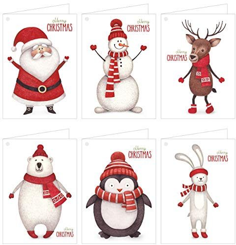 ArtUp.de 12 Geschenkanhänger zu Weihnachten im Set mit Goldfäden - 6 lustige witzige Motive mit je 2 Klappkarten DIN A7 für tolle Weihnachtsgeschenke - gelocht - innen unbedruckt weiß