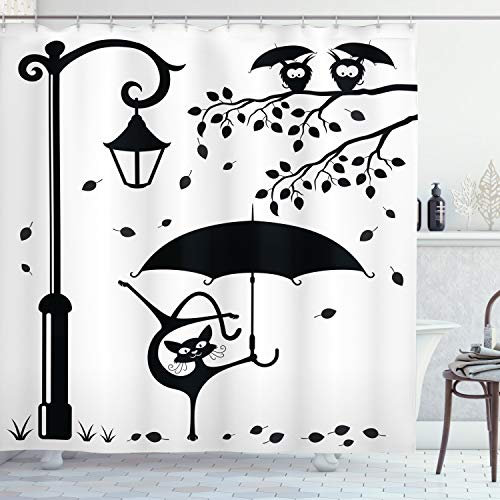 ABAKUHAUS Katze Duschvorhang, Lustige Miezekatze mit Regenschirm, Stoffliches Gewebe Badezimmerdekorationsset mit Haken, 175 x 180 cm, Weiß Schwarz