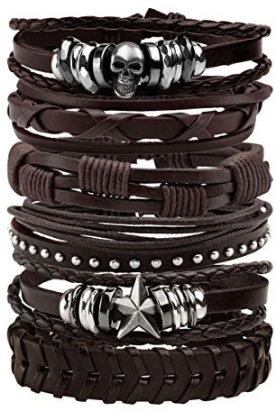 Milakoo braune Lederarmbänder Set Punk Gothic Armband Totenkopf Armband Geflochten Armreif