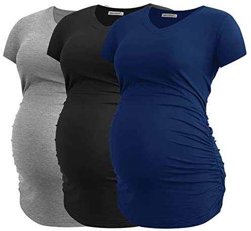 Smallshow T Shirt da Donna Premaman con Scollo a V Maglietta Gravidanza con Lati Increspati Set 3 Pezzi,Black-Light Grey-Navy,M