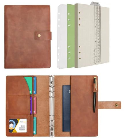 Wonderpool Leder Nachfüllbares Notizbuch Ringbuch A5 Tagebuch - Gepunktetes Papier & Echtleder Innentaschen für Reisearbeit und Organizer (Kaffee, A5)