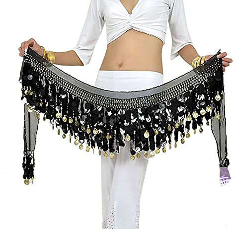 G-LIKE Bauchtanz Hüfttuch Taillenkette Gürtel – Professionelles Tanzkostüm Sexy Tanzkleid Rock Outfit Zubehör mit 88 Münzen Pailletten Hüftschal für Damen Mädchen Doppellagig – 160 cm (Schwarz)