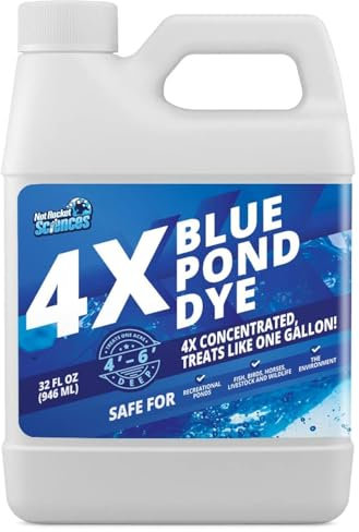 Lot de 4 teintures bleues pour bassin – Transforment l'eau trouble en bleu naturel – Teinture super concentrée pour lac et étang – Nuance liquide traite jusqu'à 1 acre – Sans danger pour les poissons