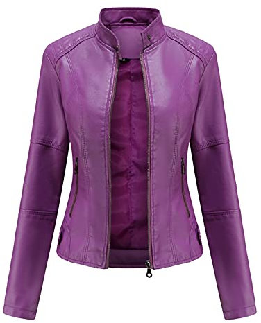 Giacca da motociclista da donna, taglia 20/18/16, giacca da donna in pelle PU slim fit, giacca da motociclista sottile, cappotto corto per autunno e primavera, Viola, XL
