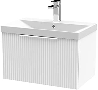 Hudson Reed DFF194D Fluted Modern Bathroom Wall Hung 1 Drawer Vanity Basin Unit with Thin-Edge Ceramic Basin, 600mm, Satin White