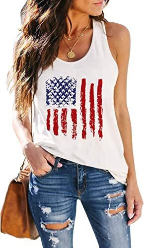 DESFSE Tanktop mit amerikanischer Flagge, Damen, 4. Juli, Tank-Tops, für Damen, USA-Flagge, patriotische Hemden, Weste, Racerback, ärmelloses T-Shirt, C2-weiß, Groß