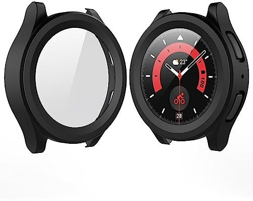 YoLin 2-Stück Mit Glas Ultradünne Displayschutz Kompatibel mit Samsung Galaxy Watch 5 Pro 45mm, PC All-Around Schutzhülle für Galaxy Watch 5 Pro 45mm (2 Schwarz)