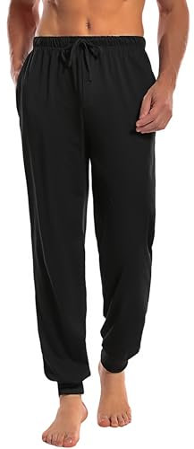 Marvmys Schlafanzughose Herren Lang mit Bündchen Einfarbige Pyjamahose für Männer Schlafhose Haushose Freizeithose mit Knopfleiste Schwarz XL