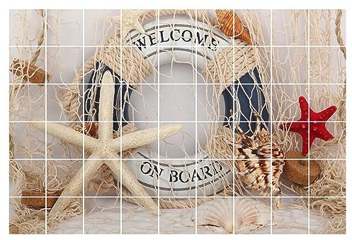 GRAZDesign Fliesenaufkleber Bad 10x10cm - 54 Stück | Maritim mit Muscheln wasserfeste & selbstklebende Klebefliesen | Fliesenfolie Fliesenbild 90x60cm