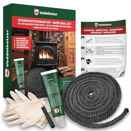 Veddelholzer 2,5 m komplett Set Ø 10mm Ofendichtband, Ofendichtung, Backofen Dichtung, Ofendichtschnur für Kaminofen, Öfen und Kaminofen Inkl. Hochtemperaturkleber, Handschuhe, Hülsen und Anleitung