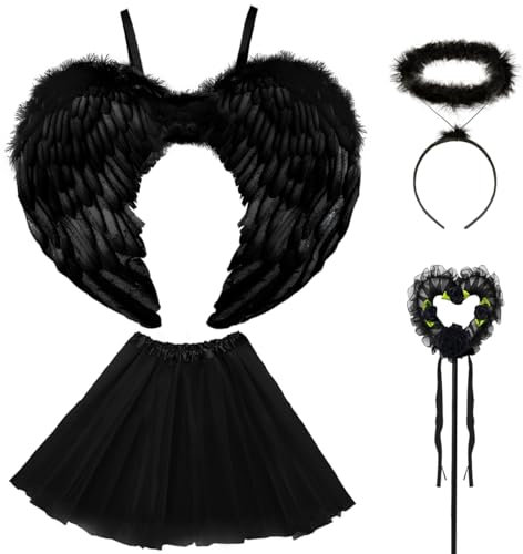 Engel Kostüm Damen Schwarz, TUTU-Rock, Engel Flüge, Heiligenschein und Zauberstab, Engelsflügel Deko Kostüm Schwarz Flügel und TUTU-Rock, Halloween Kostüme Cosplay Erwachsenes Angel-Black-60cm-B