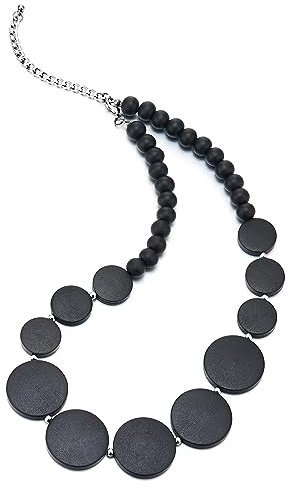 COOLSTEELANDBEYOND Schwarz Holz Kreis Scheibe Wulst Kette Halsband Choker Halskette Anhänger, Abendkleid Bankette Einzigartige