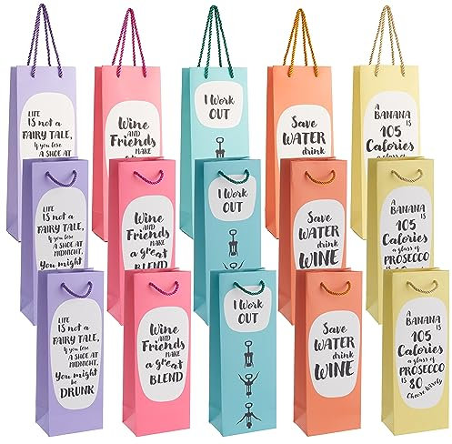 MATANA - 15 Sacchetti porta Bottiglie Regalo con Citazioni Spiritose - 35x13x9cm - 5 Design Unici, Regalo Umoristico per Compleanni e Anniversari - Robusti e Riutilizzabili