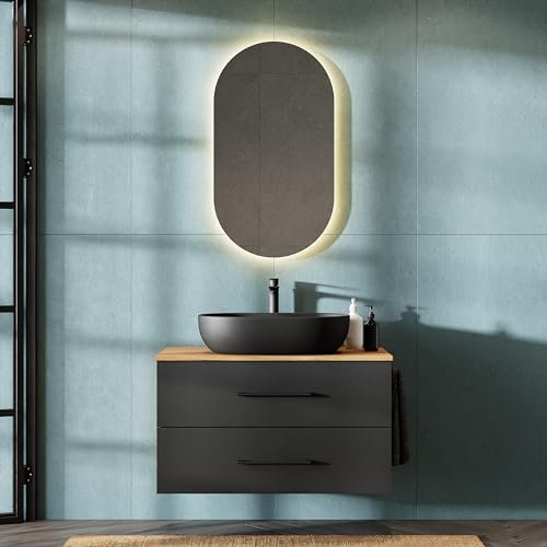 Planetmöbel LUX Meuble de salle de bain avec meuble bas 90 cm, lavabo à poser et lavabo de 60 cm, noir, chêne doré/anthracite