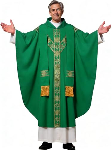 FAD-4U Kirche katholische Priester Kaseln Gewänder für Kirche Masse Gewänder Robe mit Stola, Grün & Gold, 130cm 144cm