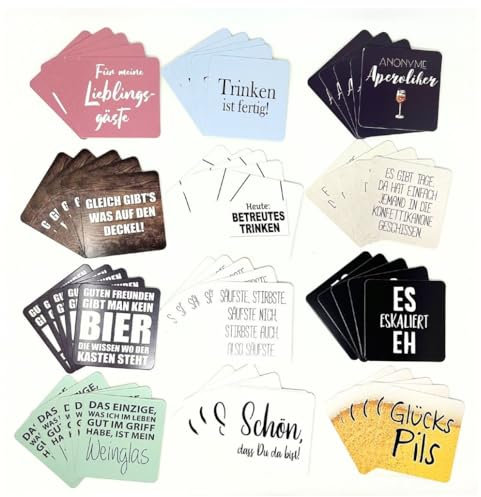 Bierdeckel Getränke Glas Untersetzer mit lustigen Sprüchen 9 x 9 cm 60 Stück 12-fach sortiert