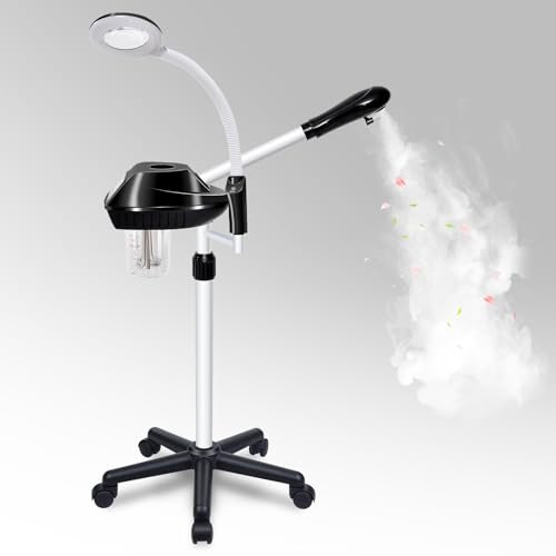 Grehge cial Steamer, 2 in 1 Facial Steamer, Facial Steamer on Wheels with 5X Magnifying Lamp, Ozone Facial Steamer Adjustable Height, Stand Facial Steamer with Time Setting