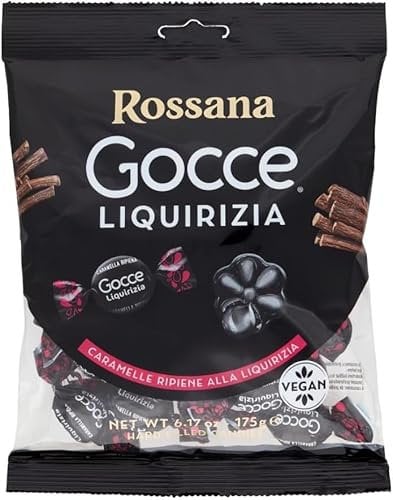 Rossana Fida LIQUORICE Drops - Lote de 12 caramelos rellenos de regaliz, envasados individualmente, sin gluten, vegano, 175 g