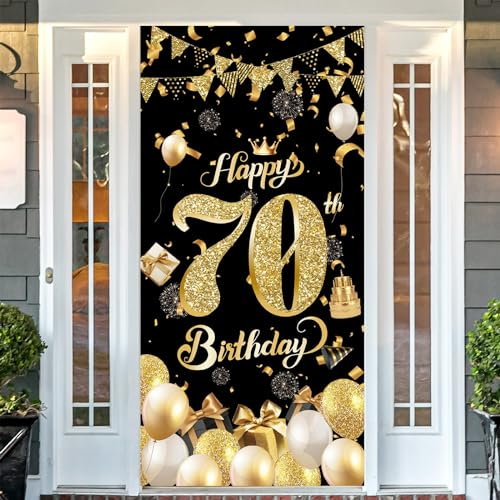 POPOYU Banner 70 Geburtstag Mann,Banner 70. Geburtstag Schwarz Gold,Türbanner 70.Geburtstags,Deko 70.Geburtstags Mann und Frauen,Poster Hintergrund für Geburtstagsbanner, Hintergrunddekorationen