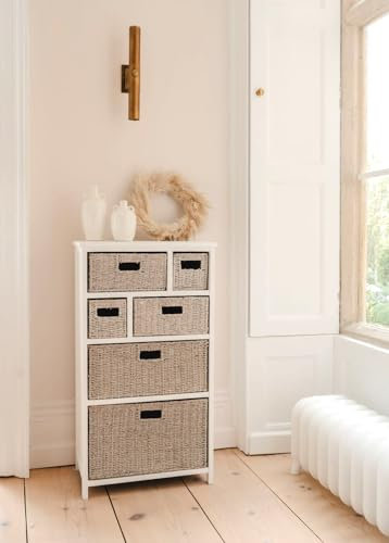Tetbury White Basket Storage Unit with 6 Seagrass Baskets | Hallway Bathroom Furniture W56 H100 D34 cm | Assembled Chest of Drawers