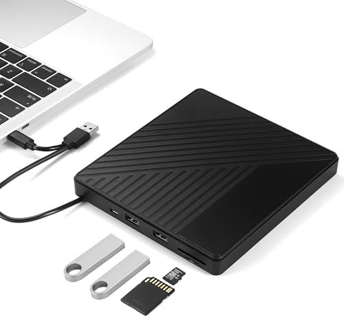 Reagle Externer CD/DVD Brenner USB 3.2 USB-C – Tragbares Laufwerk mit SD/microSD Kartenleser, 2 USB-A Ports, Plug & Play für Windows, Mac OS, Linux – Schnelle Datenübertragung 5 Gb/s